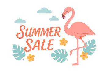 Summer sale concept. Pink flamingo in paper art style. Tropical leaf. Monstera. Shopping promotion for commerce. E-commerce background. Vector for banners, posters, flyers.