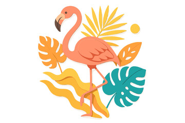 Pink flamingo in paper cut craft style with tropical leaves. Exotic bird and jungle plant vector illustration. Summer design for poster, card. 3D layered paper art style.