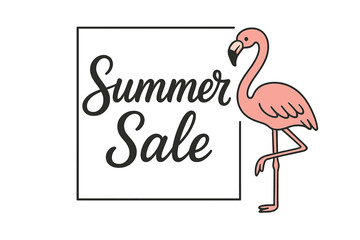Summer sale banner with cute pink flamingo. Vector calligraphy for e-commerce, online shopping. Exotic bird in thin frame. Ad for retail promotion, discount offer, social media.