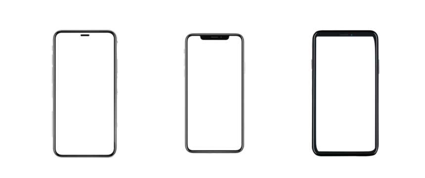 Three modern smartphones with blank screens, showcasing different designs and sizes. , PNG, isolated on transparent background.