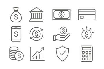 Thin line banking and finance icons set, vector illustration with transparent background, money symbols, bank, credit card, mobile payment, investment growth, security and calculator