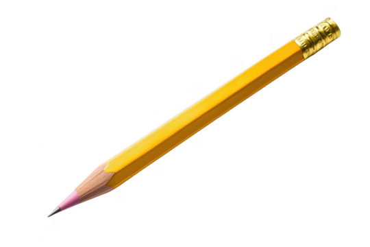 Yellow pencil with pink eraser isolated on a transparent background