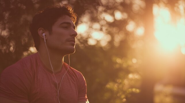A man in a red shirt listens to music through earphones while the man enjoys the warm outdoor sunset. Sitting calmly, the man is surrounded by natural light and trees.