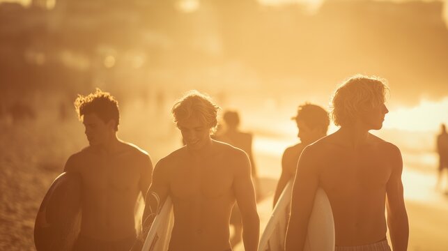 Shirtless men holding surfboards walk along the beach as surfboards catch sunlight. The beach and surfboards define the men’s path toward the ocean and soft waves. - Powered by Adobe