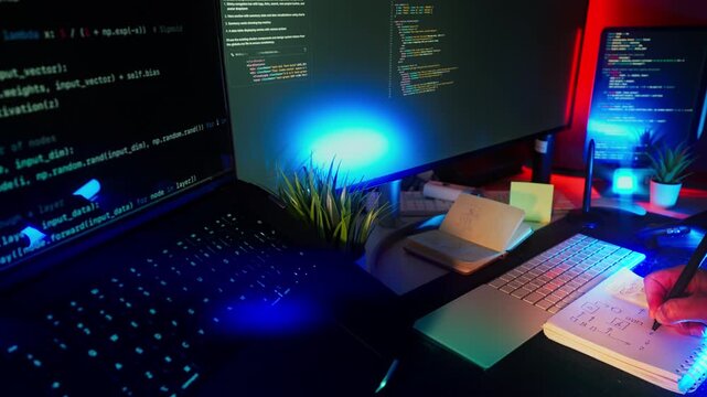 Programming Workspace Code Screens Algorithm Sketching showing developer desk multiple monitors lines code open laptop notebook hand drawing software structure flowcharts dark environment colored ligh