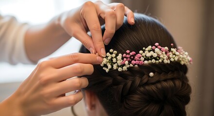 Bridal Hairdresser Styling Wedding Hair with Pink and White Flowers in Elegant Updo