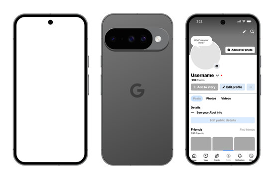 Google Pixel 10 Pro smartphone mockup template showing Facebook profile page on Android interface, with realistic front and back device view for mobile UI and social media app design presentation.
Mod