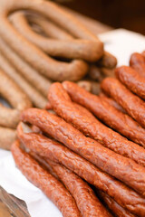 Variety of sausages displayed at a local fair market stall