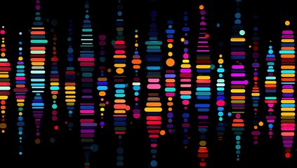 Abstract visual of vertical stripes and circles in bright vibrant colors against a stark black background