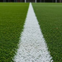 White line on green grass sports field. Close up of playing ground markings for game. Field for football for banner poster or sports equipment ads.