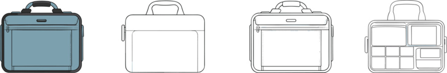Laptop briefcase technical CAD drawing, office bag vector illustration, professional travel case design template, modern business bag mockup