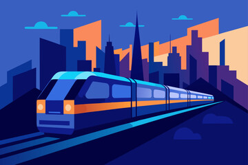 Modern train speeding through a stylized cityscape
