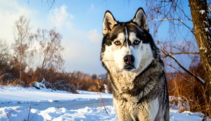 Naklejka premium Husky dog in winter landscape