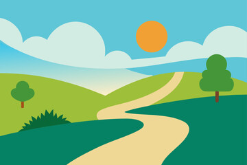 Fototapeta premium Cartoon landscape with path sun and rolling hills