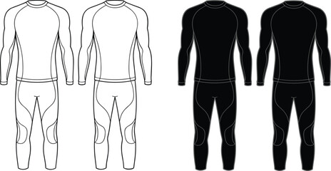 Men compression base layer set CAD drawing, activewear technical flat vector, sportswear design template for fitness and training