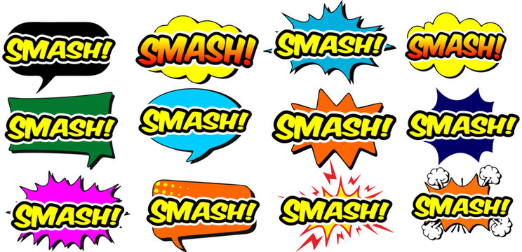 Cartoon comic sign burst clouds. Speech bubble, Smash sign expression and pop art text frames. Comics mem expressions speech, superhero book Smashlabel. Isolated vector symbols set