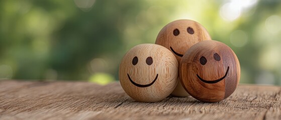 The Smiley Wooden Balls Resting Together on a Rustic Wooden Table