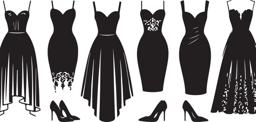 Women dress icon black dress icons set female fashion concept
