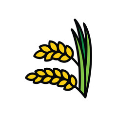 Two clusters of golden grain are shown with upright green stalks Black outlines