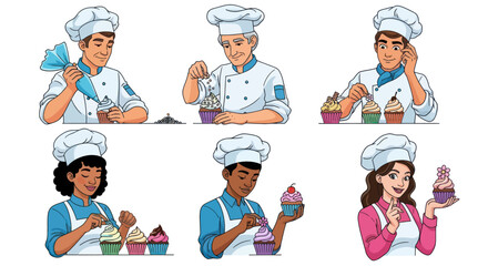 Diverse Cartoon Bakers Decorating Colorful Cupcakes with Frosting.