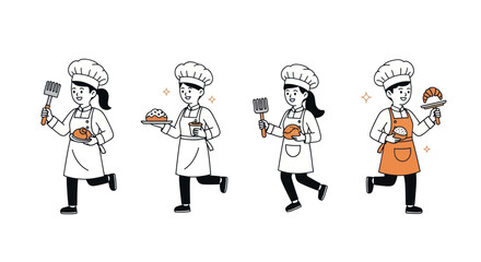 Four cheerful cartoon child chefs in hats and aprons holding kitchen tools and food.