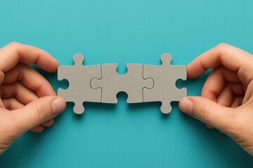 Two hands positioning three puzzle pieces with the intent to connect them, set against a vibrant teal backdrop, suggesting teamwork and problem-solving, with a focus on completion.