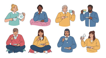 Diverse group of people enjoying hot beverages in casual settings.