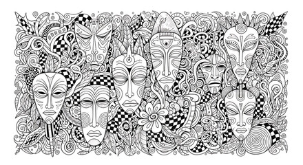 Elaborate black and white doodle art featuring a collection of spiritual tribal masks with intricate patterns