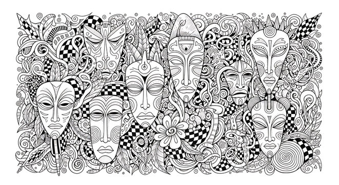Elaborate black and white doodle art featuring a collection of spiritual tribal masks with intricate patterns