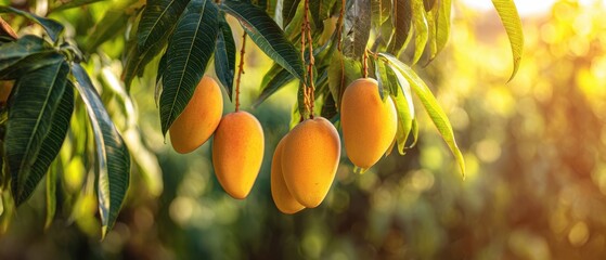 The Mangoes on a Sunlit Mango Tree in Golden Afternoon