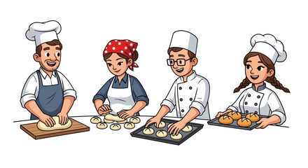 Four Bakers Preparing Dough and Baking in a Kitchen Setting Wearing Chef Hats and Aprons.
