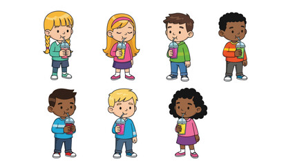 Diverse group of cute cartoon children boys and girls holding drinks with straws.