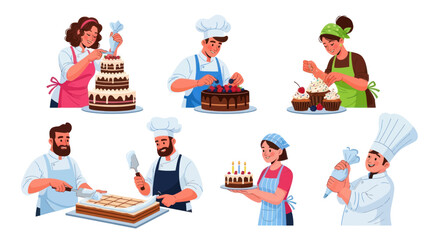 Diverse Bakers Skillfully Decorating Various Cakes and Desserts.