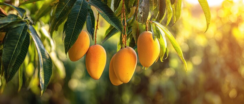 The Mangoes on a Sunlit Mango Tree in Golden Afternoon