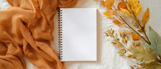 The Blank Notebook on a Cozy Autumn Desk with Leaves and Fabric