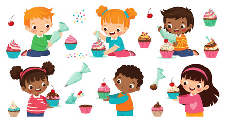 Diverse group of children happily decorating colorful cupcakes with frosting and sprinkles.