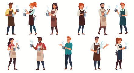 A diverse collection of male and female cartoon barista characters in aprons serving hot coffee.