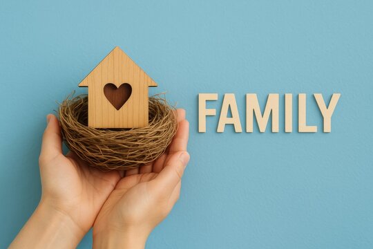 Wooden house shape with a heart cutout inside nestled in a woven bird's nest held gently by two hands against a pastel blue background with the word "FAMILY" spelled in wooden letters, conveying...