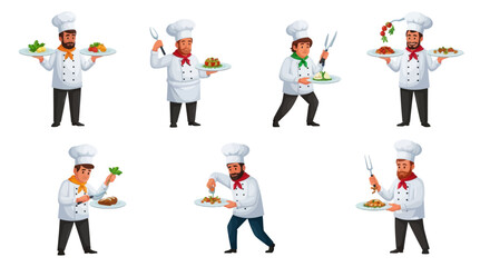 Cartoon Chefs Holding Plates of Food in Various Poses Wearing White Uniforms and Hats.