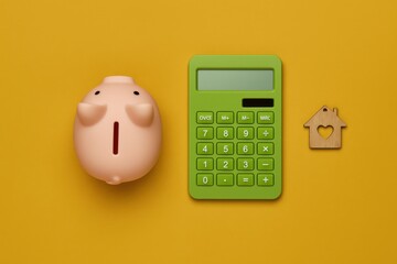 Pink piggy bank positioned beside a green calculator and a wooden house ornament with a heart cutout, all arranged on a vivid yellow surface, creating a visually appealing composition about savings...