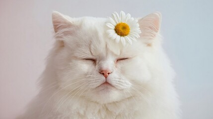 Obraz premium Serene White Fluffy Cat with Eyes Closed and a Daisy Flower on its Head Peaceful Pet Portrait and Beauty Concept