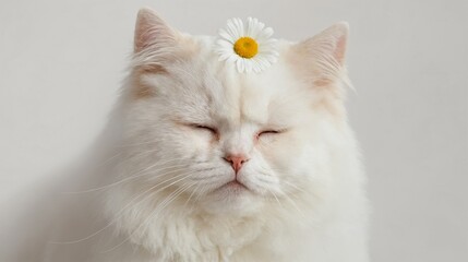 Close-up of a Serene White Cat with Daisy on Forehead Horizontal Composition for Calmness and Relaxation with Copy Space