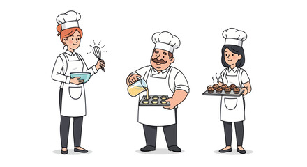 Cartoon Chefs Preparing Food with Various Kitchen Utensils.