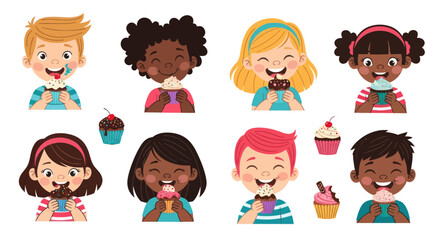 Diverse group of happy children enjoying sweet treats and cupcakes.