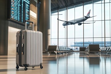 Suitcase in airport terminal with airplane taking off in the background