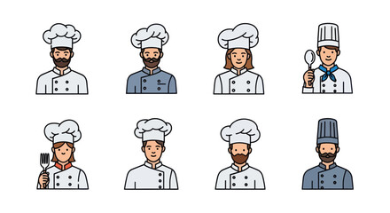 Collection of Diverse Chef Avatars Wearing Traditional Uniforms and Hats.