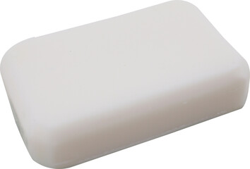 A simple white bar of soap in rounded rectangle shape lying on a white surface PNG cutout transparent background isolated