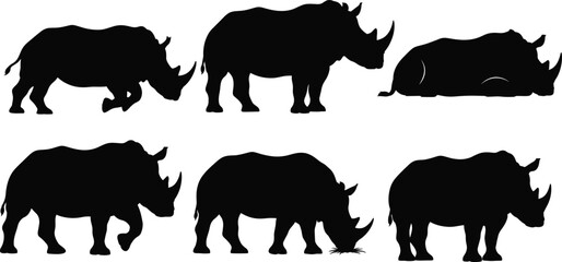 Rhinoceros silhouette vector set showing walking, standing, grazing, resting poses for wildlife, nature, safari, animal anatomy and behavior themes