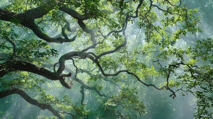 Misty forest canopy with twisted branches and lush green foliage in morning