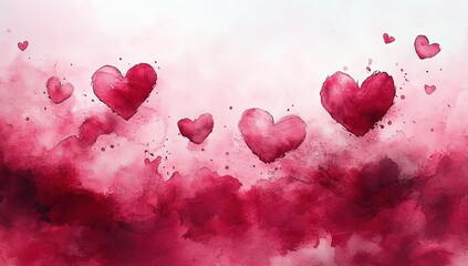 Watercolor hearts on a pink background, perfect for valentines day
